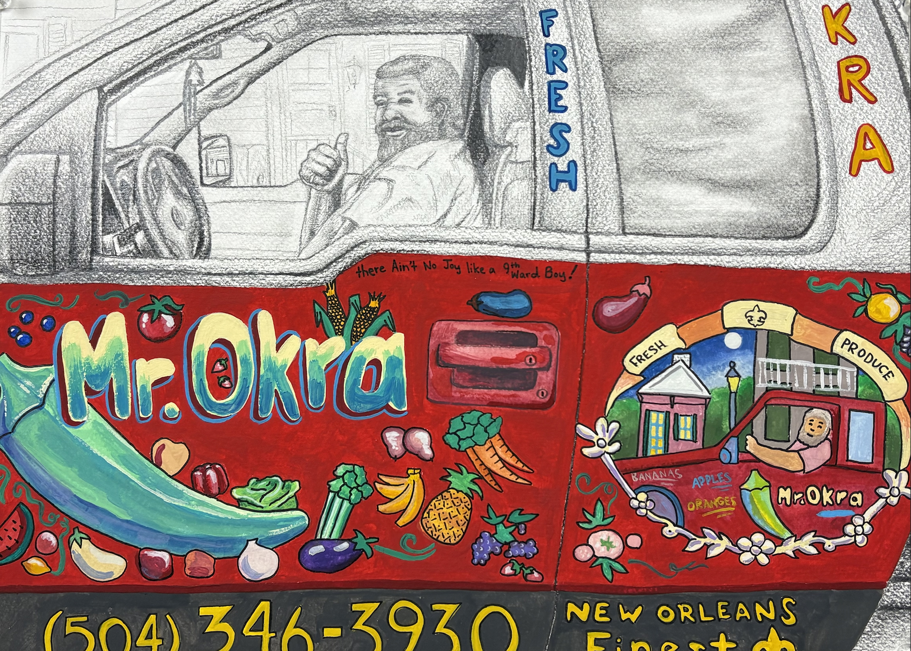 This work honors a deceased New Orleans native named Arthur Robinson (1943-2018), more popularly known as Mr. Okra. In his decorated red truck, Mr. Okra would sell his produce using a speaker system, saying, "I have the tomatoes, I have the yellow sq