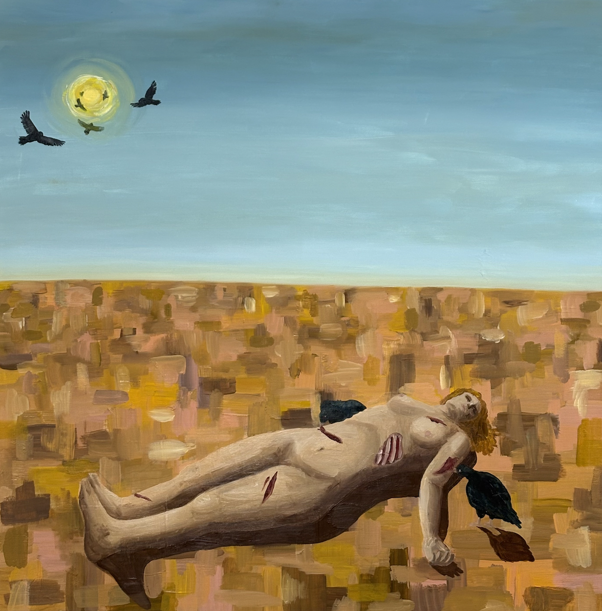 This work depicts a deceased figure in a desert scene as she is slowly eaten by vultures. Her body has suffered multiple wounds as two vultures pick at her skin, with more vultures circling her in the distance. 
c. 2025, 24" x 24", oil on canvas