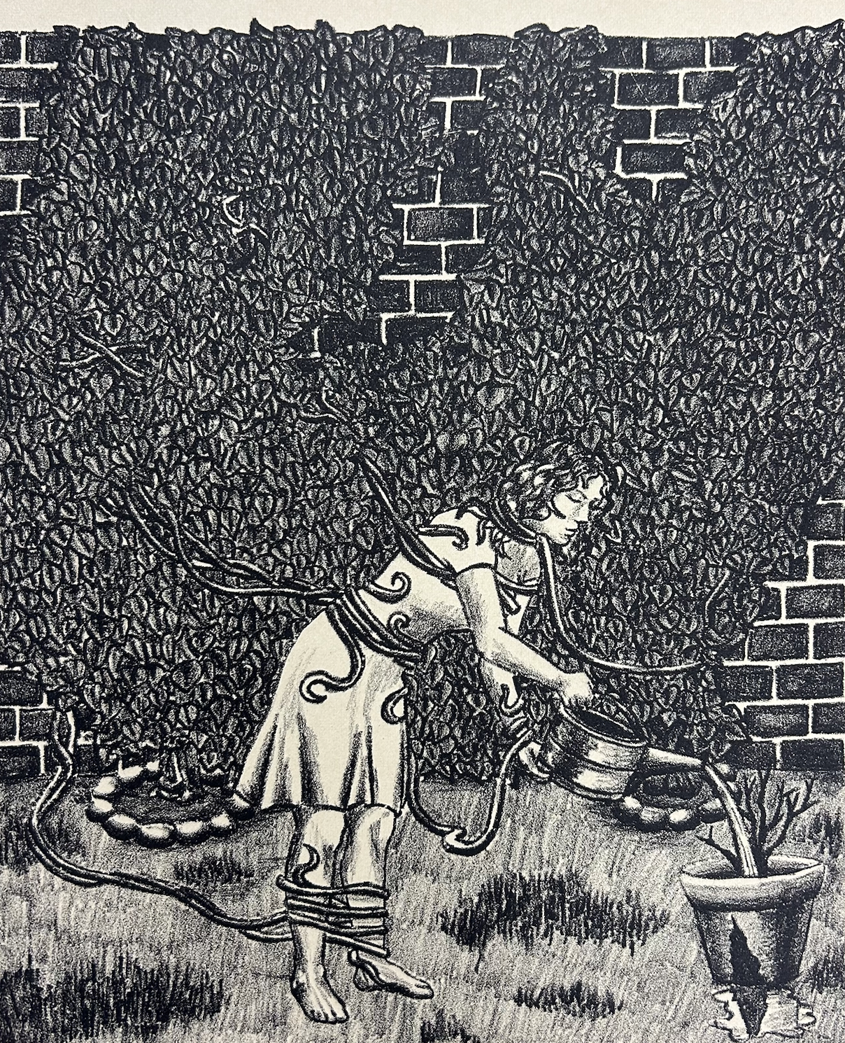 This work depicts a figure watering a dead plant while slowly being engulfed by vines. It is representative of substance abuse, specifically nurturing bad habits while being constricted by the responsibilities of your environment.
c. 2025, 8" x 10", 