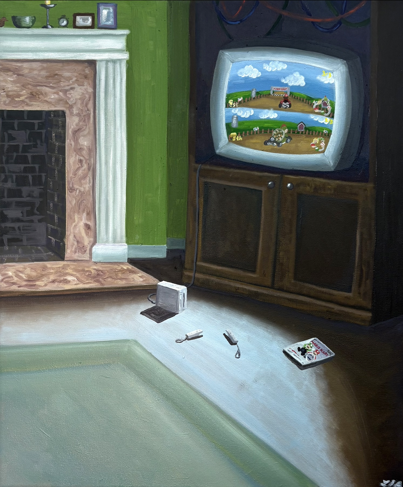 Another version of a memory of playing on the Wii with my brother in the summer of 2010. Part 2 of a diptych.
c. 2025, 20" x 24", oil on canvas