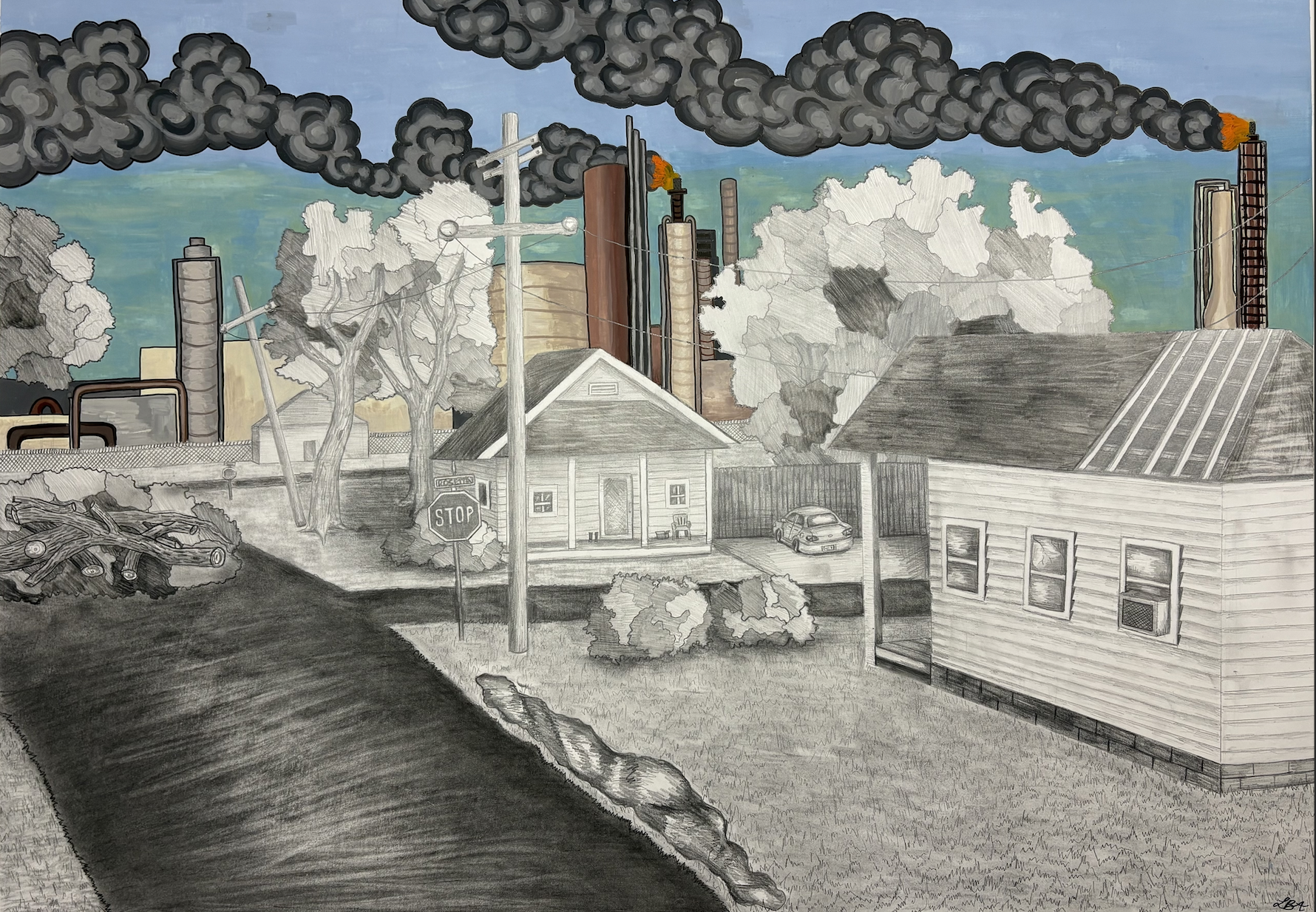 This work depicts the region of refineries and processing plants in Louisiana known as Cancer Alley. Residents and neighborhoods adjacent to these refineries see higher rates of cancer and health issues due to water and air pollution. Cancer Alley is