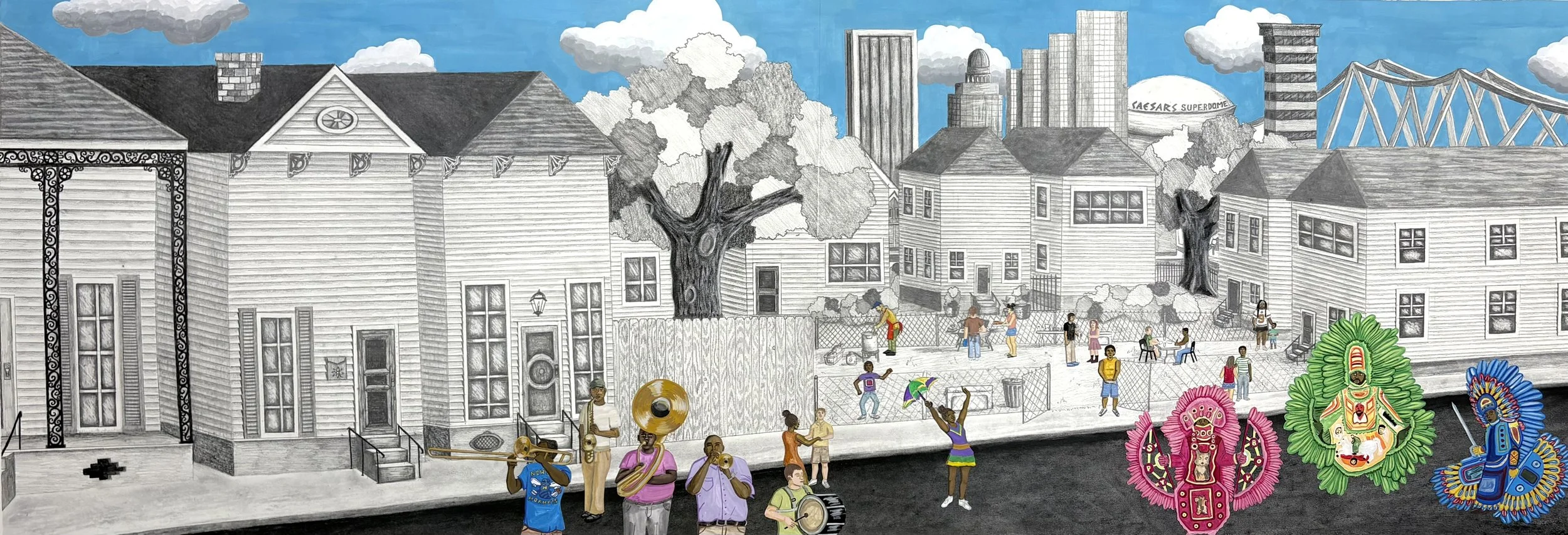 This work highlights the residents of New Orleans who cultivate and create culture. The city is memorable only because of cultural contributions from citizens, such as our cultural traditions, to our cuisine, to our music, and to our architecture.
c.