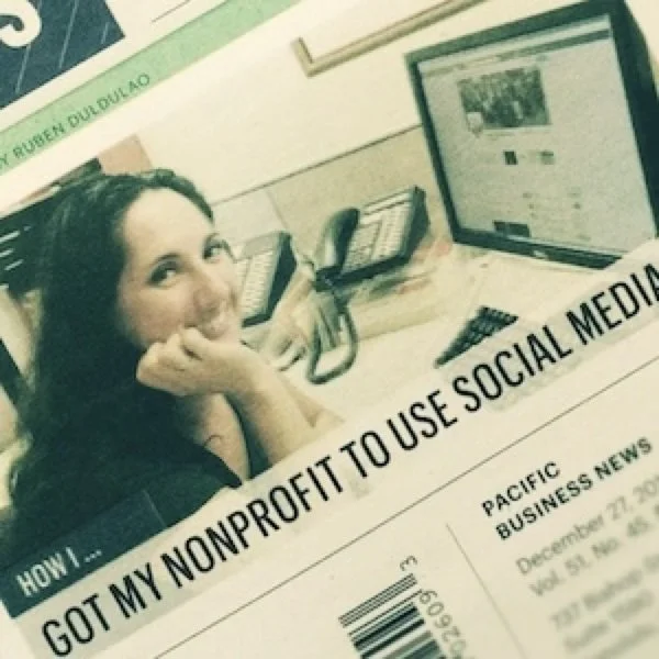 collage of tehani diaz at her computer with a screenshot of the Pacific Business New article in the corner.