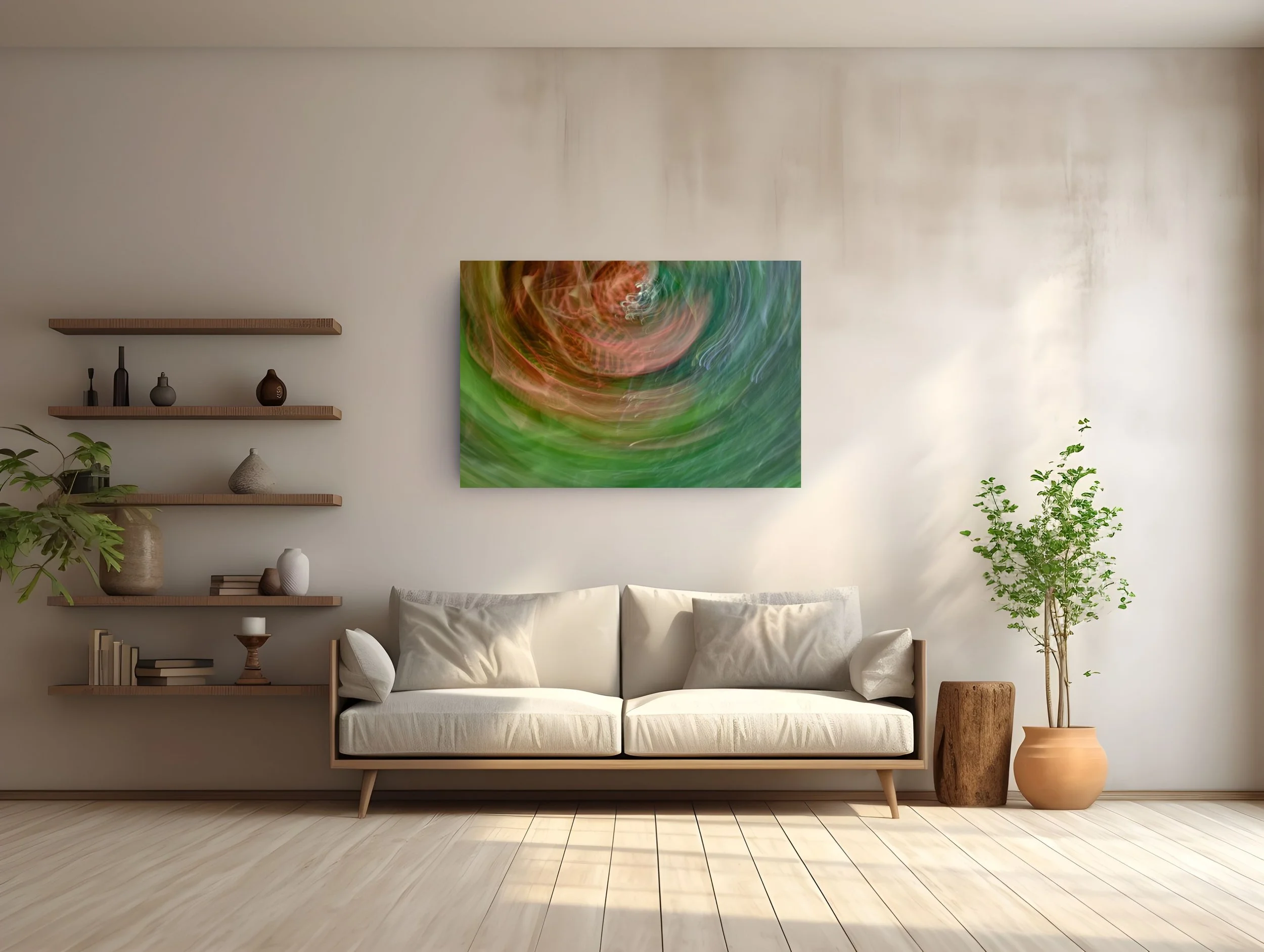 green and organge abstract biophilic photograph by roxanne darling, hanging on the wall above a cream-colored sofa next to a window, with a plant and floating wood shelves
