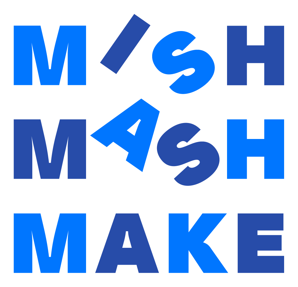 The image features the words "MASH MAKE" arranged in a stacked layout with "MASH" on top and "MAKE" below. The letters are in various shades of blue and are displayed in bold block fonts.