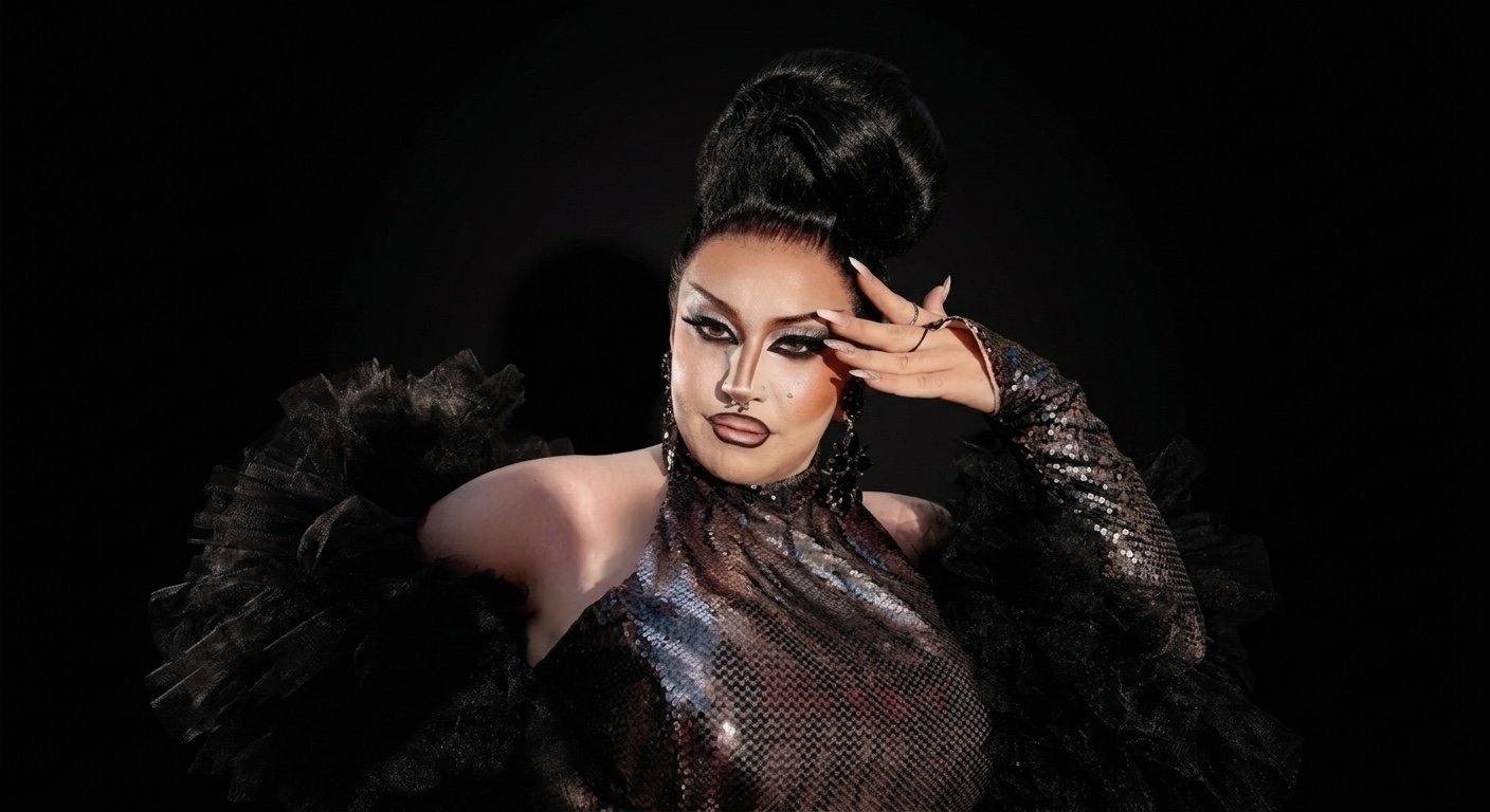 A fashion model with dramatic makeup and styled black hair, wearing a black, shiny, mesh dress with ruffled sleeves, posed against a black background.