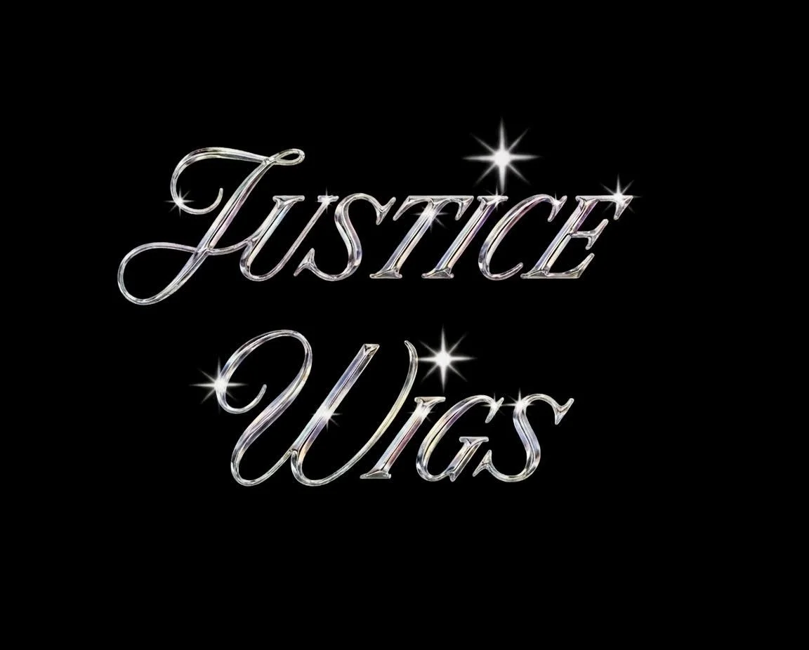 Shiny, metallic silver text that reads "Justice Wigs" with star-like glints on a black background.