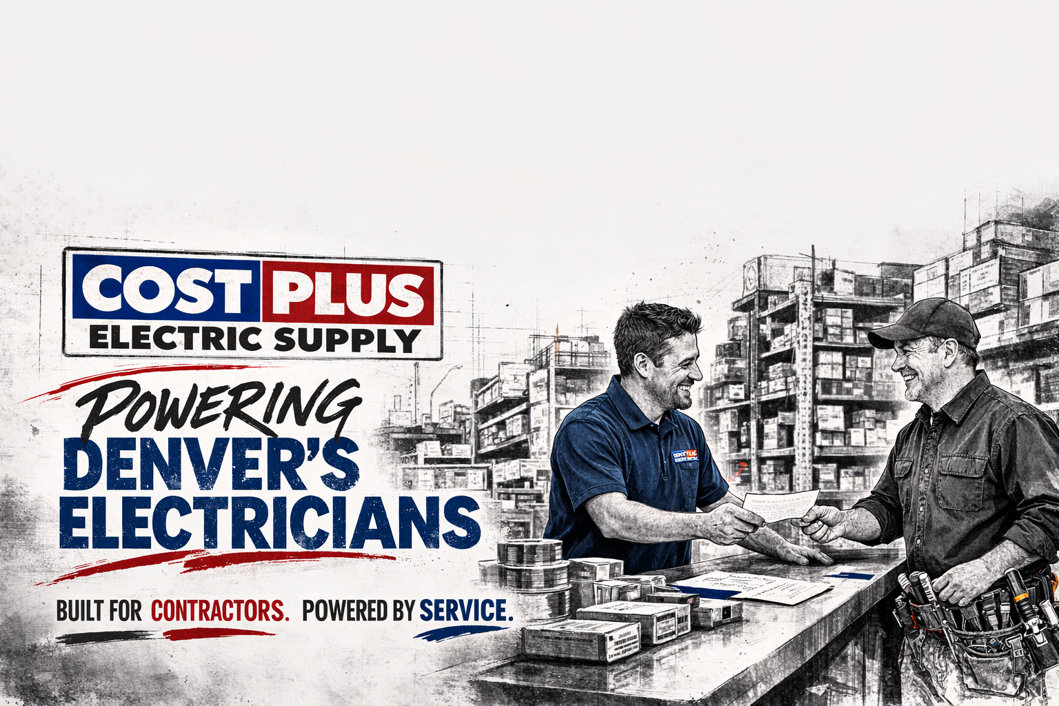 Cost Plus Electric Supply hero image reading “Powering Denver’s Electricians” and “Built for Contractors. Powered by Service,” showing a CPESI team member helping an electrician at an electrical supply counter.