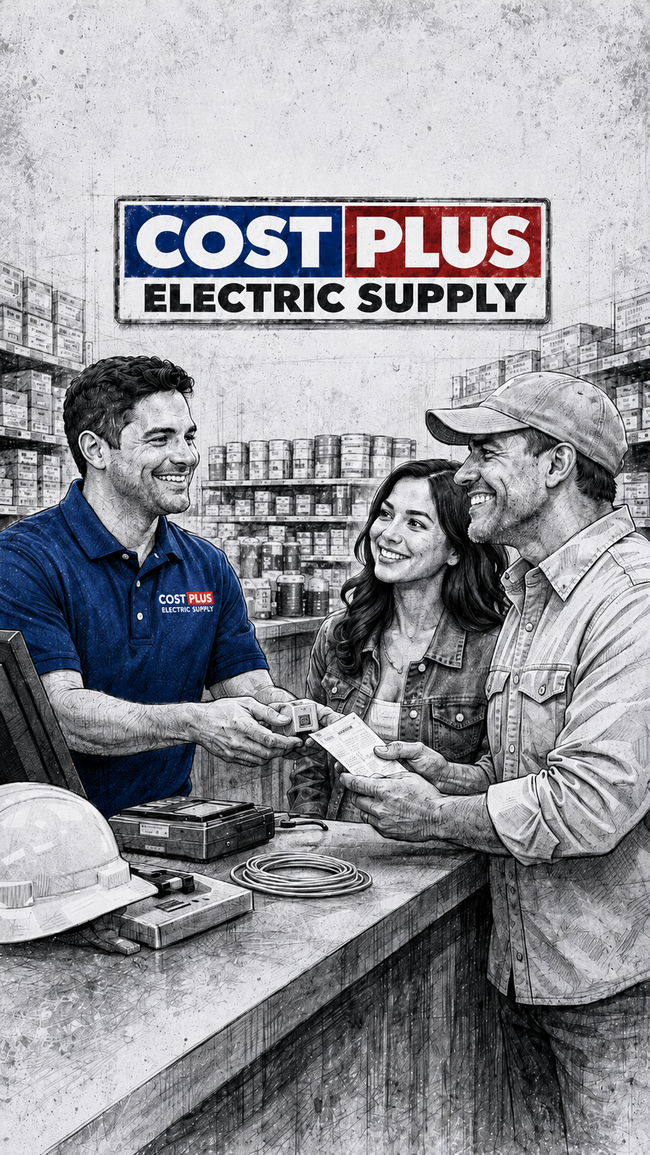 Cost Plus Electric Supply employee assisting contractors with electrical supplies at a warehouse service counter in Denver.
