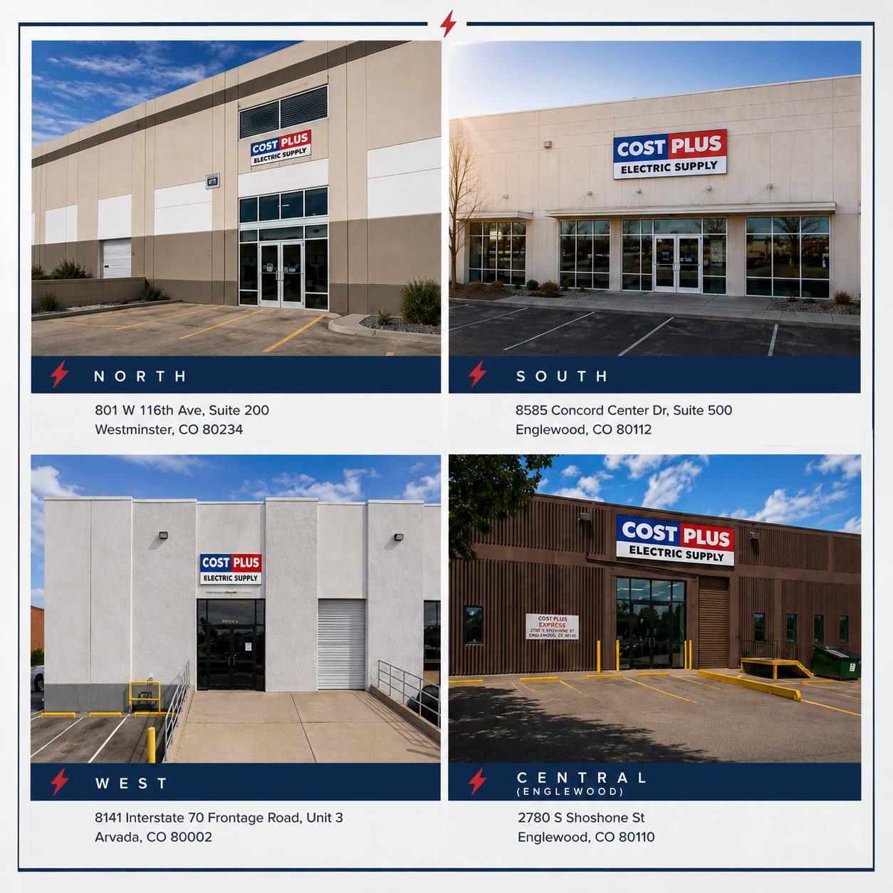 View Cost Plus Electric Supply locations across Colorado, including CPESI North in Westminster, CPESI South in Englewood, CPESI West in Arvada, and CPESI Central in Englewood.