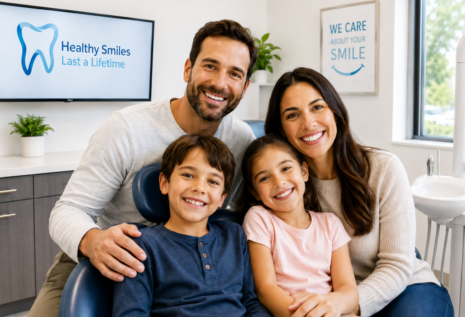 Family at the dentist smiling together