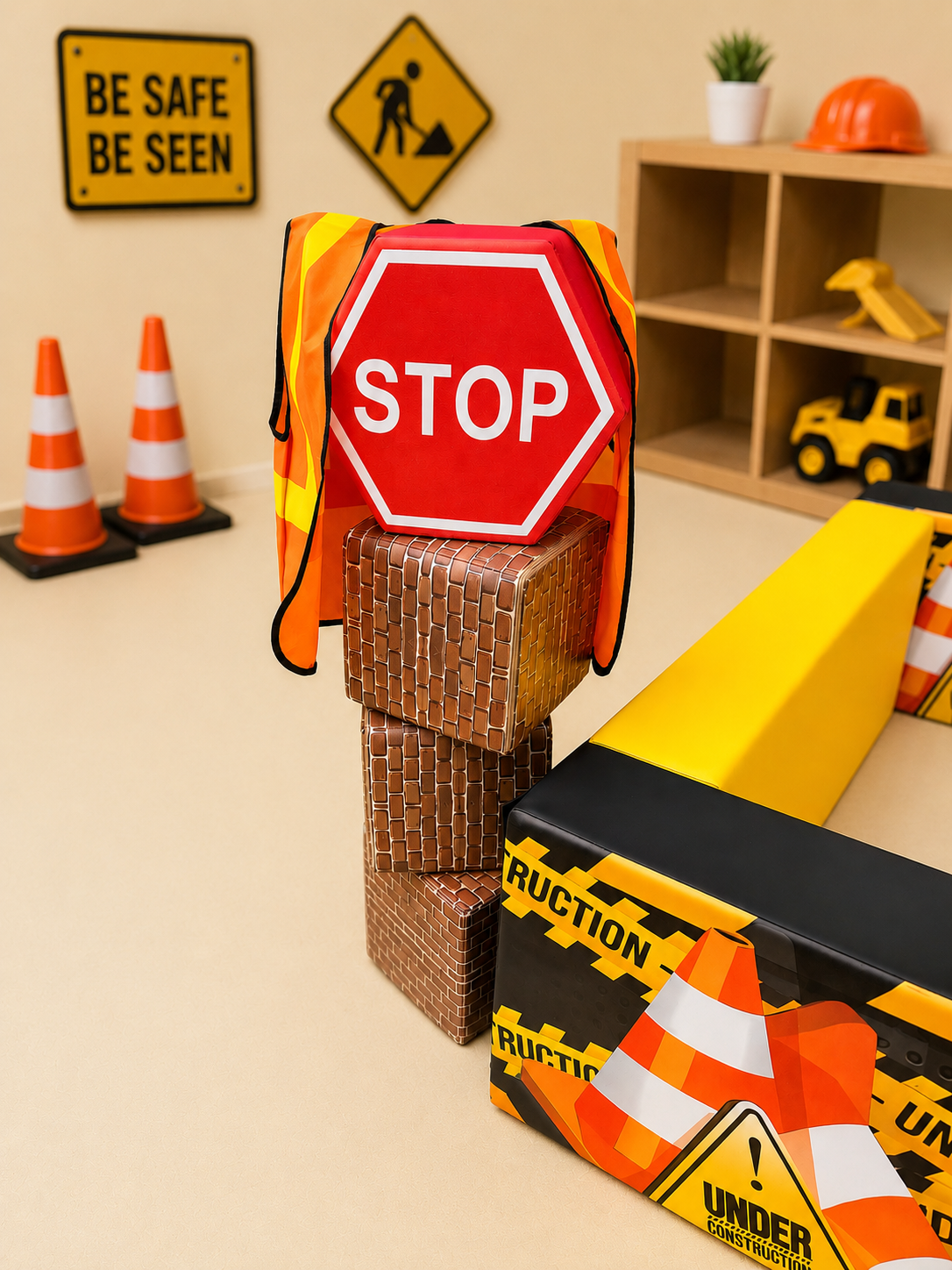 construction-themed decor including a stop sign on red foam blocks, orange traffic cones, and construction signs. soft play ball pit hire Perth