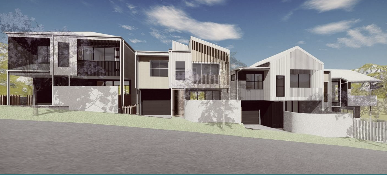 A modern multi-story residential building with varied rooflines, large windows, balconies, and garages, set on a sloped lot with trees and a blue sky.