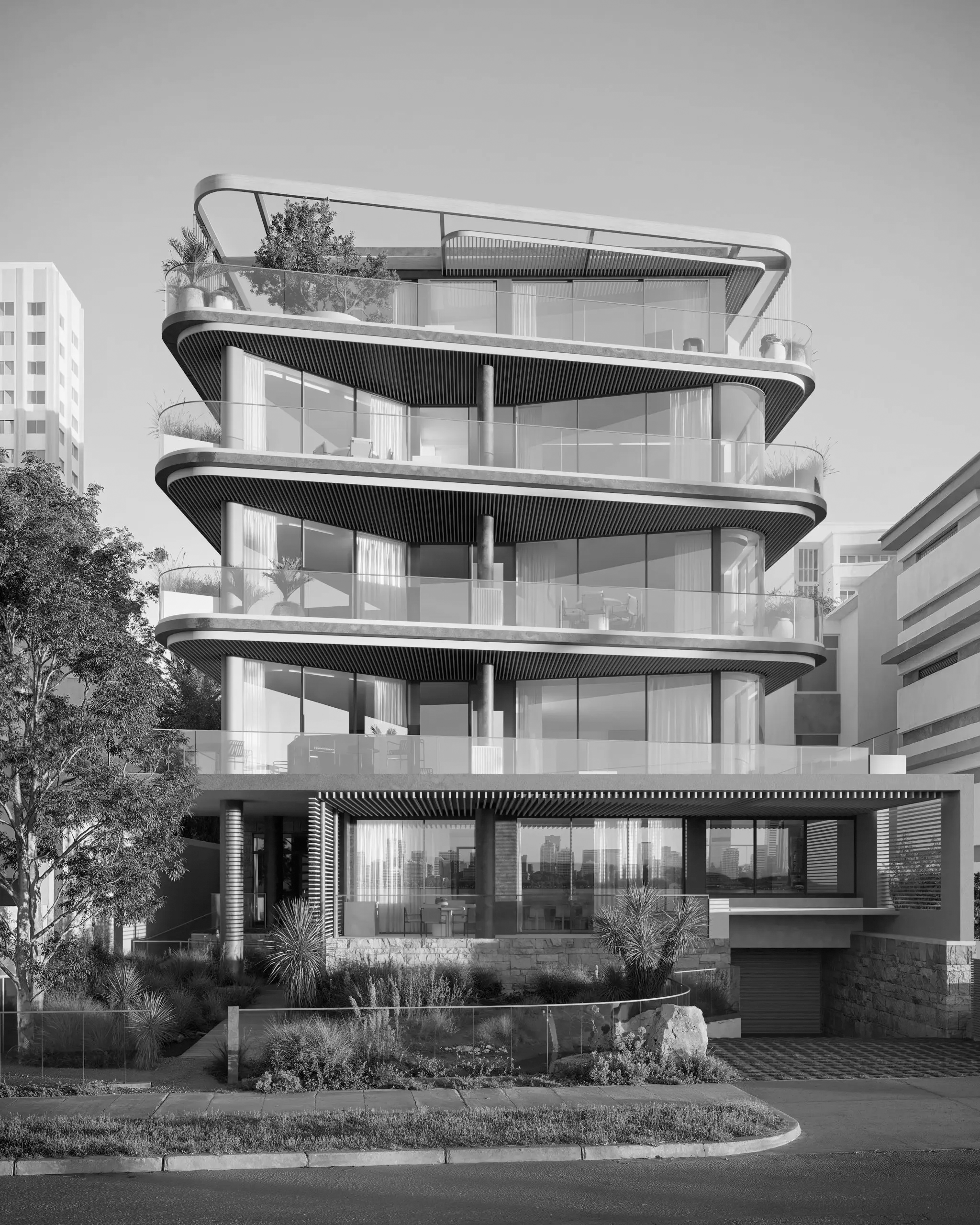 A modern, multi-story building with curved balconies, glass railings, and a combination of concrete and wood finishes. The building is situated on a landscaped lot with shrubs, plants, and a sidewalk in the foreground. Other tall buildings are visible in the background through the glass windows, and trees are on the left side of the image.