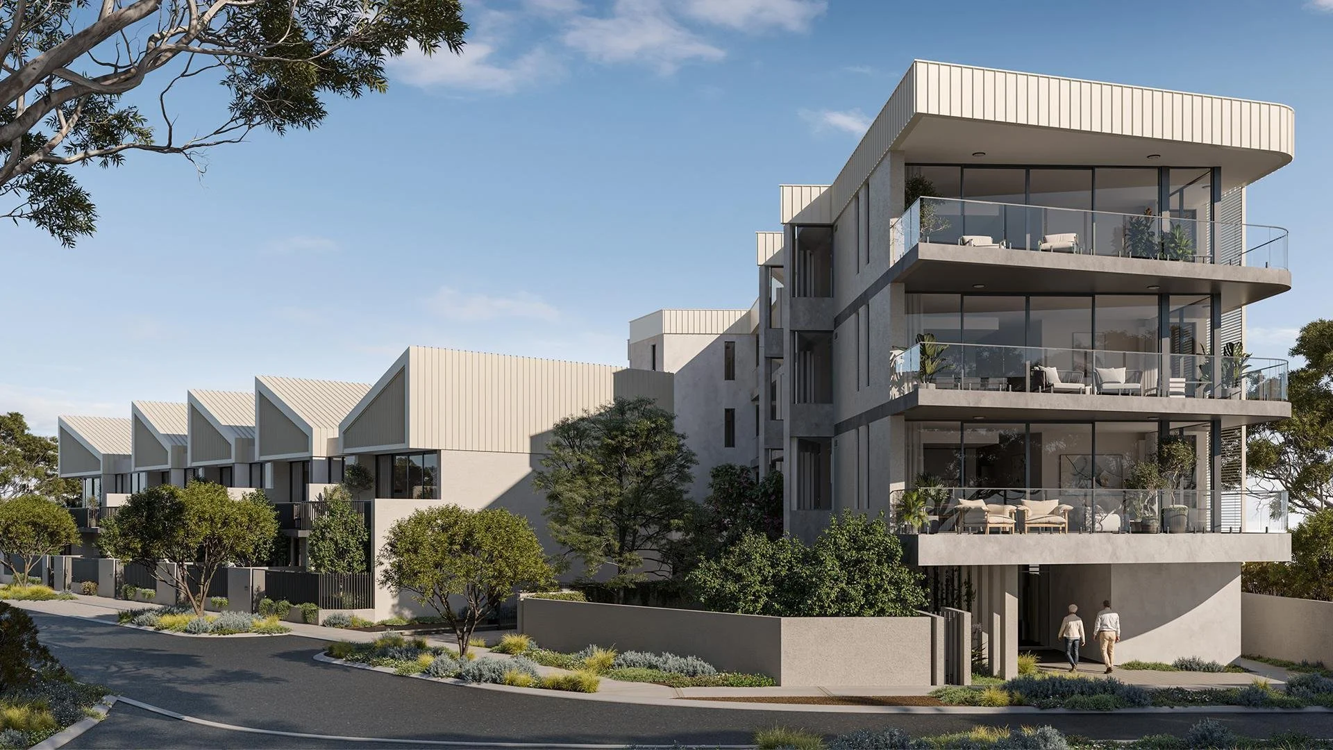 Modern multi-story apartment building with large balconies, glass railings, and minimalist design, surrounded by trees and landscaped grounds.