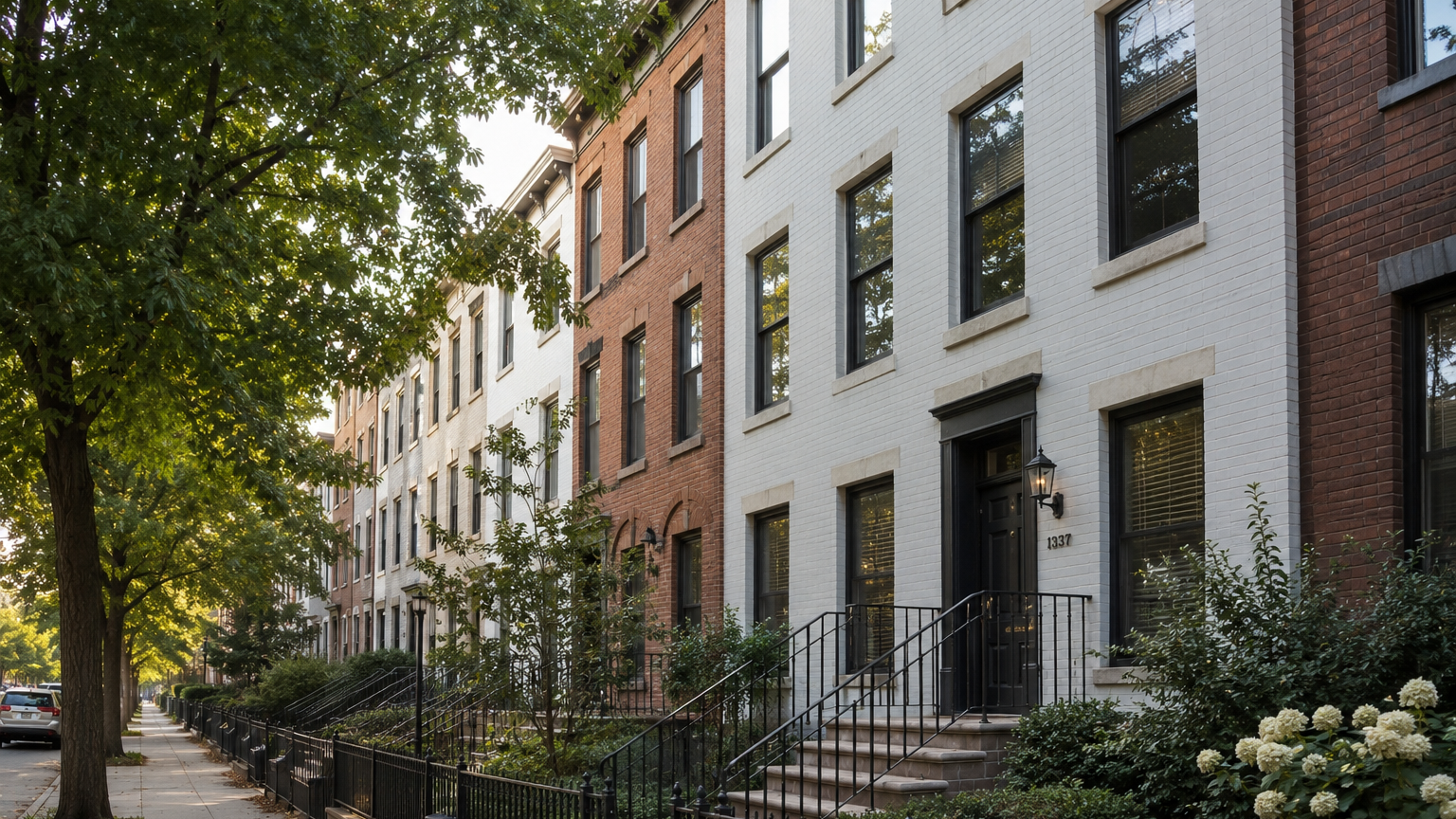 A row of brick townhouses with steps leading to black doors, black iron railings, and black lantern-style lights along a tree-lined sidewalk.