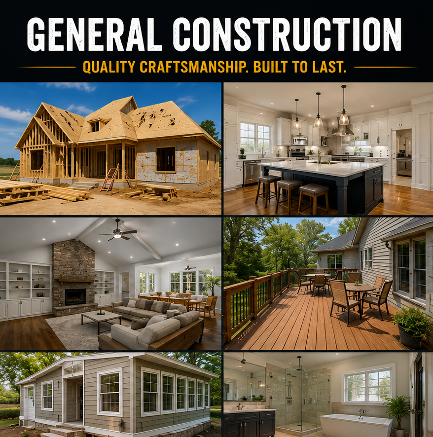 Collage of six images showing different aspects of a home, including a house under construction, a modern kitchen, a living room, an outdoor deck, a finished house exterior, and a bathroom with a shower and bathtub.