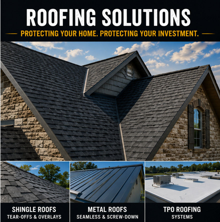 Advertisement for roofing solutions showcasing a large house with multiple roof types, including shingle, metal, and TPO roofing, with text highlighting different roofing options: shingle, metal, and TPO.