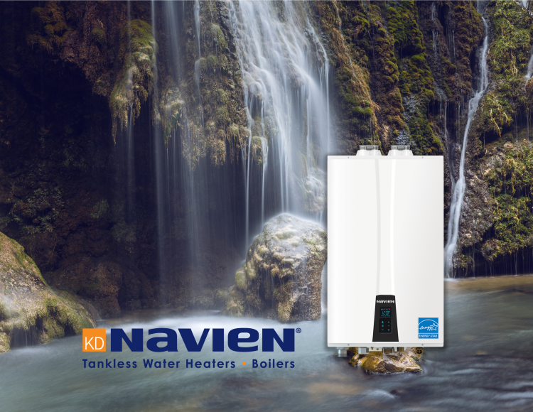 Navien tankless water heater in front of a waterfall and flowing river with moss-covered rocks.
