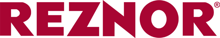 Reznor logo in bold, uppercase red letters on a white background.