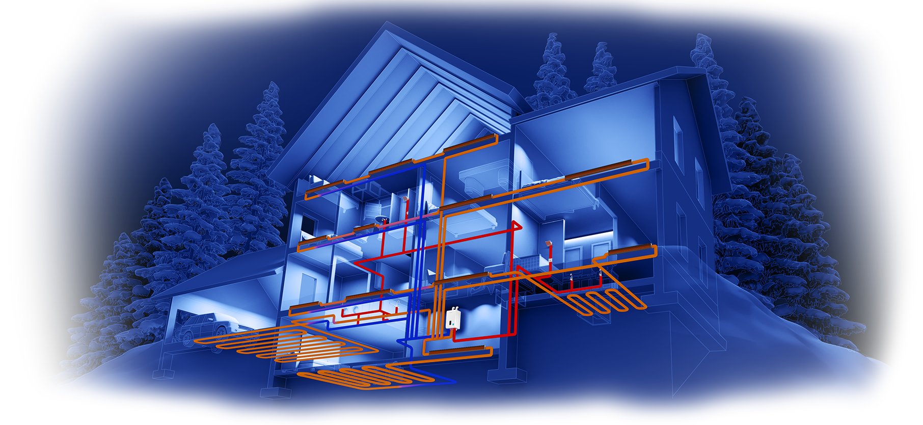 Cross-section view of a house showing an active heating system with orange and blue pipes, set against a winter landscape with snow-covered trees.