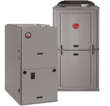 Two gray HVAC units, one large and one smaller, with the Rheem logo.