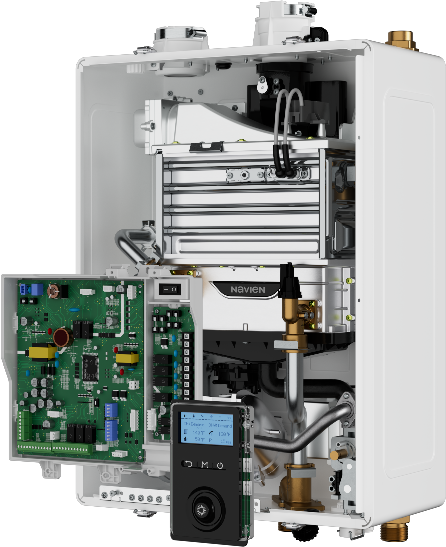 Close-up of a modern boiler system showing internal components, control board, and a digital thermostat display.