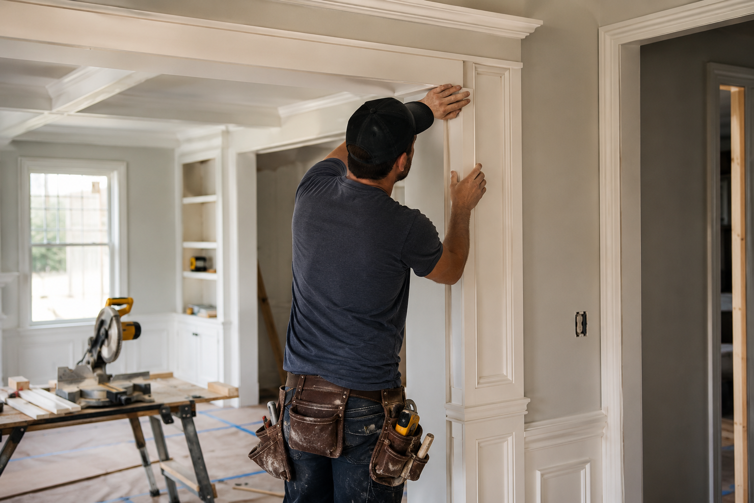 Man installing or adjusting white moldings or trim in a room under construction or renovation, with tools and saw on table nearby.