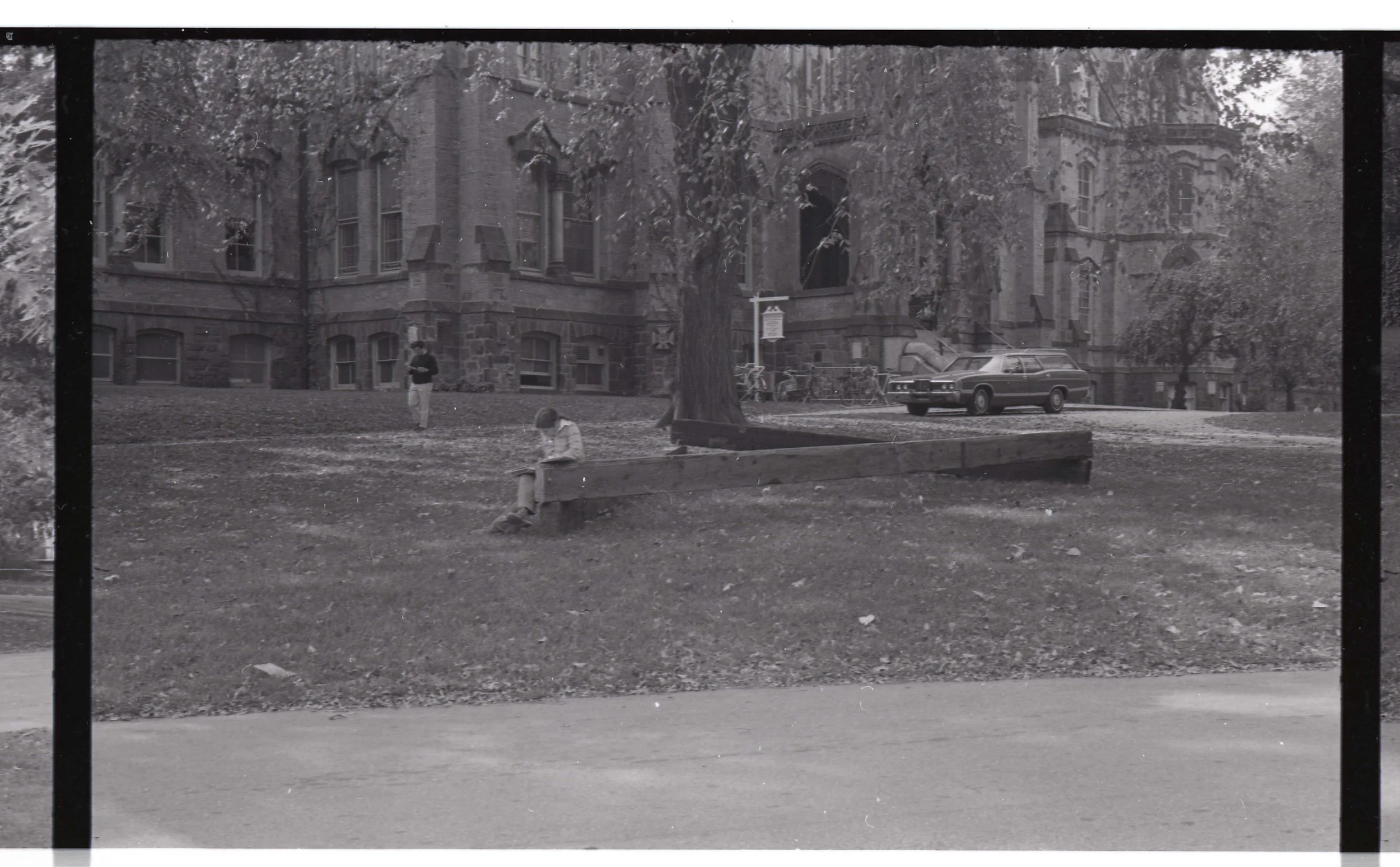 Black and white photo of a grassy outdoor area with a large tree and two children. One child is sitting on a bench while the other is standing nearby. In the background, there are old brick buildings with multiple windows, a car parked on the street,