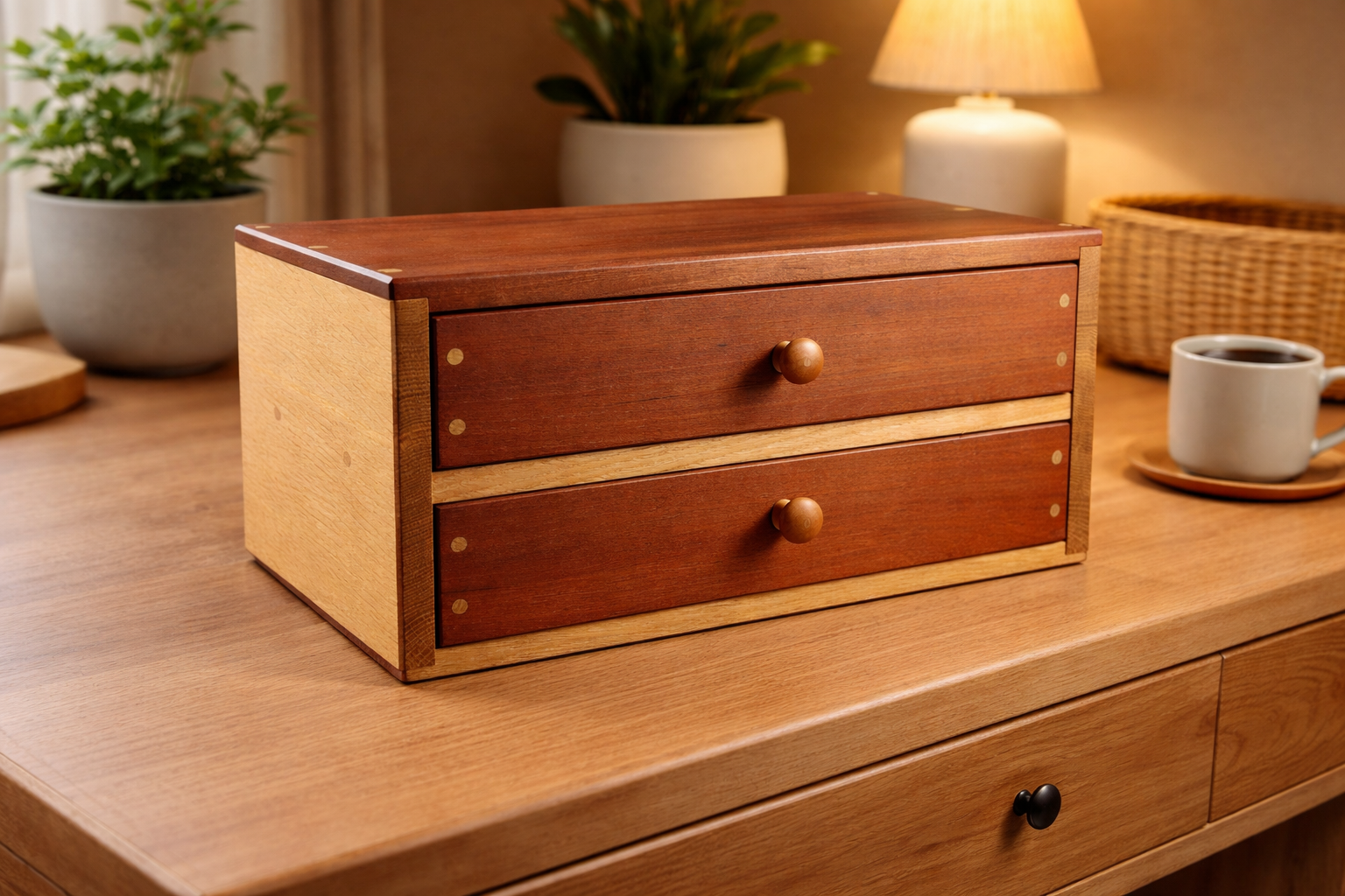 Handcrafted 2-drawer oak chest made in Milford, Connecticut by 203 Woodcraft. Custom hardwood storage piece featuring traditional woodworking craftsmanship.