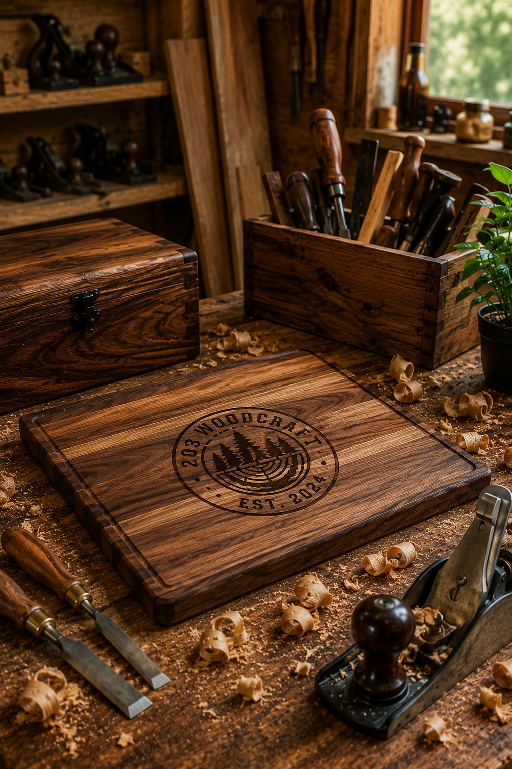 Handcrafted walnut cutting board, keepsake box, and woodworking tools in a custom woodshop by 203 Woodcraft, Milford CT custom woodworking and furniture maker.