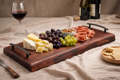 Handcrafted African Padauk serving board made in Milford, Connecticut by 203 Woodcraft. Premium hardwood charcuterie board designed for entertaining and display.