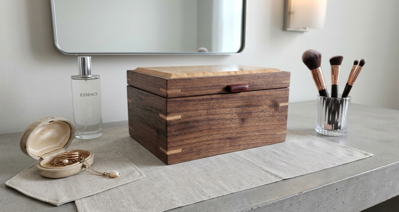 Handcrafted quilted maple and walnut keepsake box made in Milford, Connecticut by 203 Woodcraft. Custom hardwood storage box featuring premium craftsmanship and timeless design.
