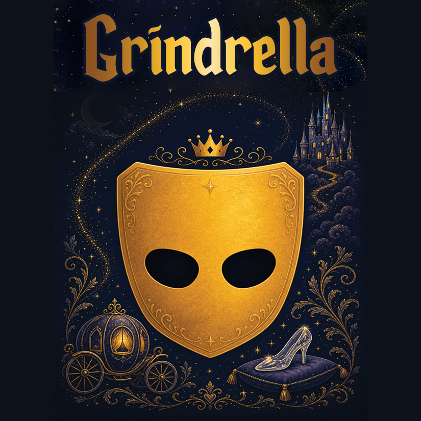 Cover art for Cinderella featuring a golden masquerade mask with eye holes, a small crown above it, a castle in the background, a glass slipper on a pillow, and a pumpkin carriage, all set against a night sky with stars and a crescent moon.