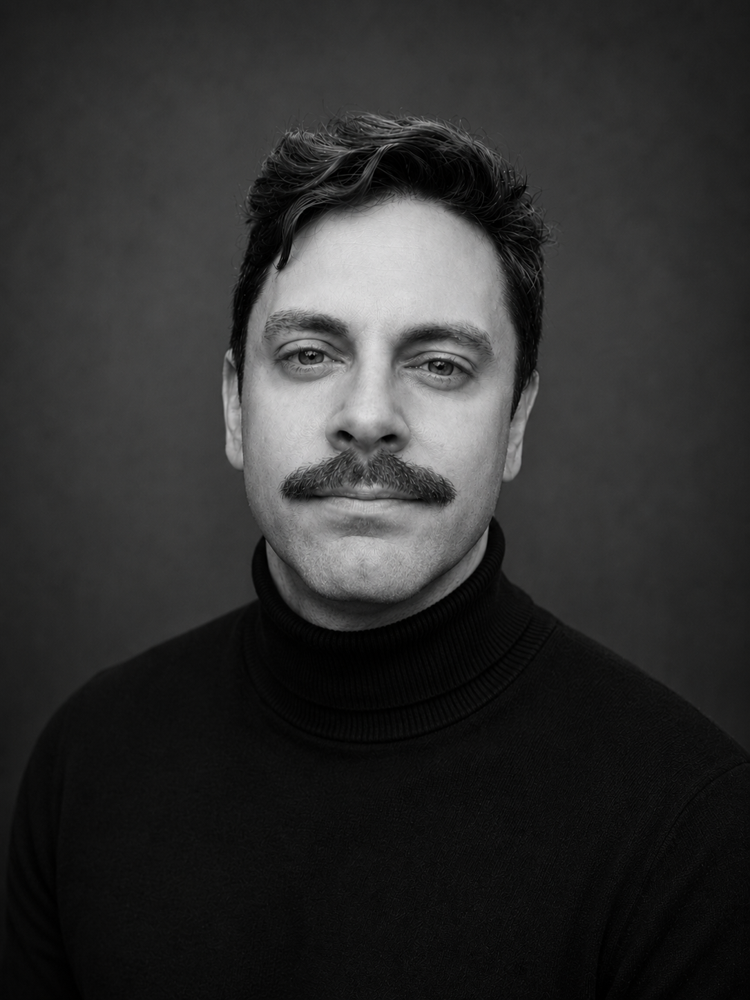 Black and white portrait of a man with a mustache wearing a black turtleneck, facing the camera with a neutral expression.