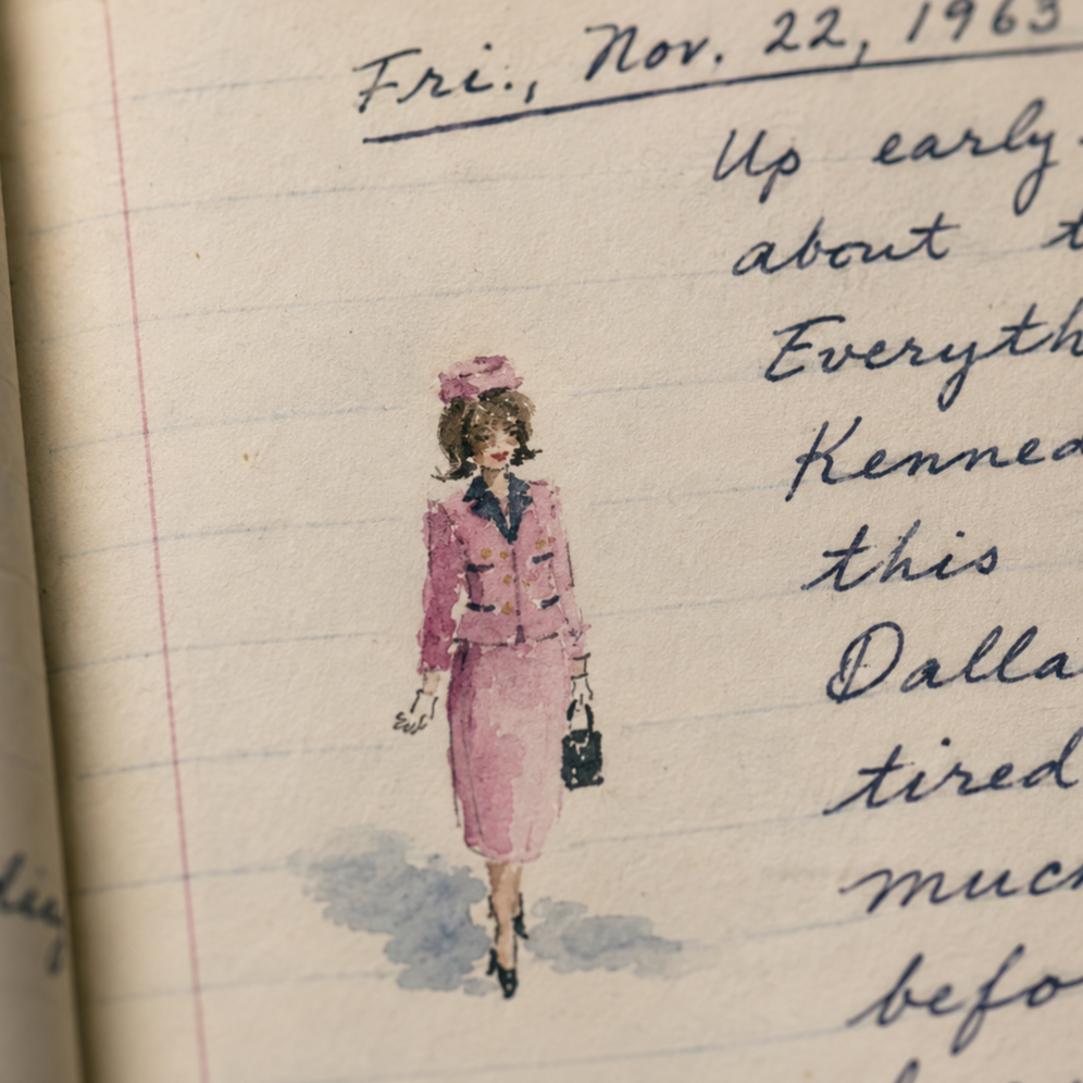A handwritten diary entry dated November 22, 1963, with a small illustration of a woman in a pink skirt suit, wearing a pink hat and carrying a black handbag.