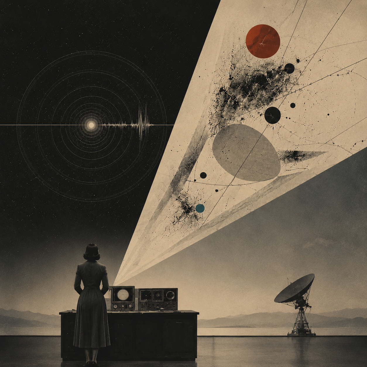 A woman in vintage clothing stands in front of a table with vintage radio equipment, facing a large projection of cosmic and abstract geometric designs, including planets and star patterns, on a screen or wall behind her, with a satellite dish visible in the distance.