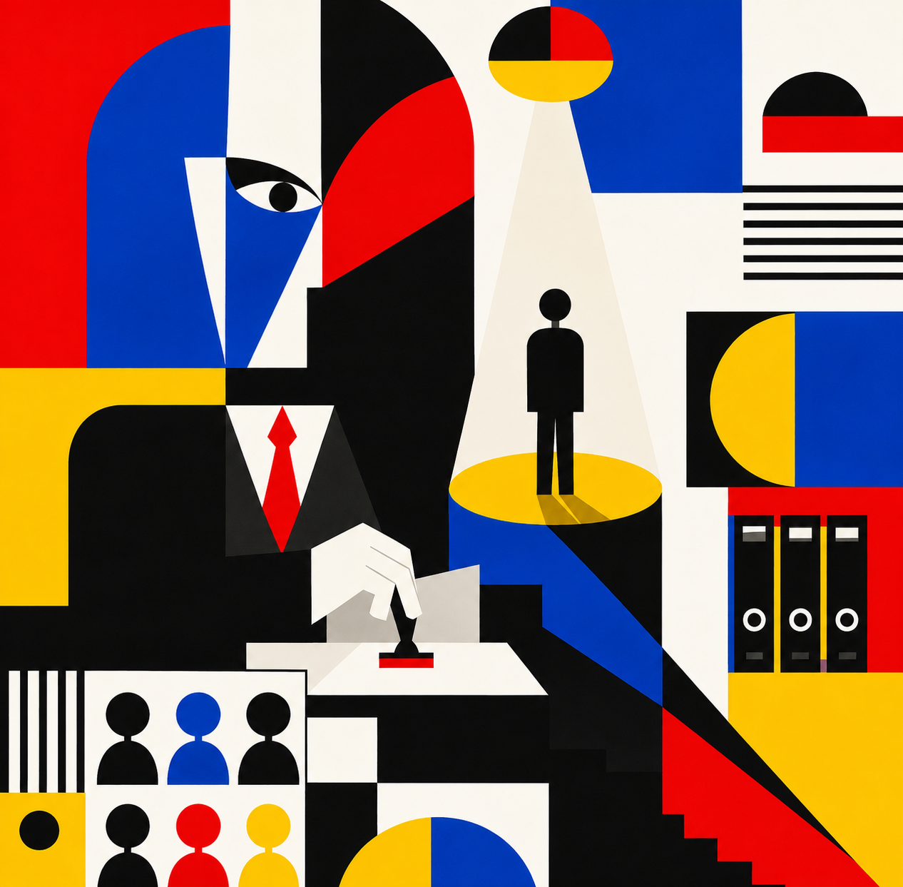 Abstract geometric artwork with human silhouettes, pie charts, files, and a person at a desk, using bold primary colors and black, white, yellow, red, and blue.