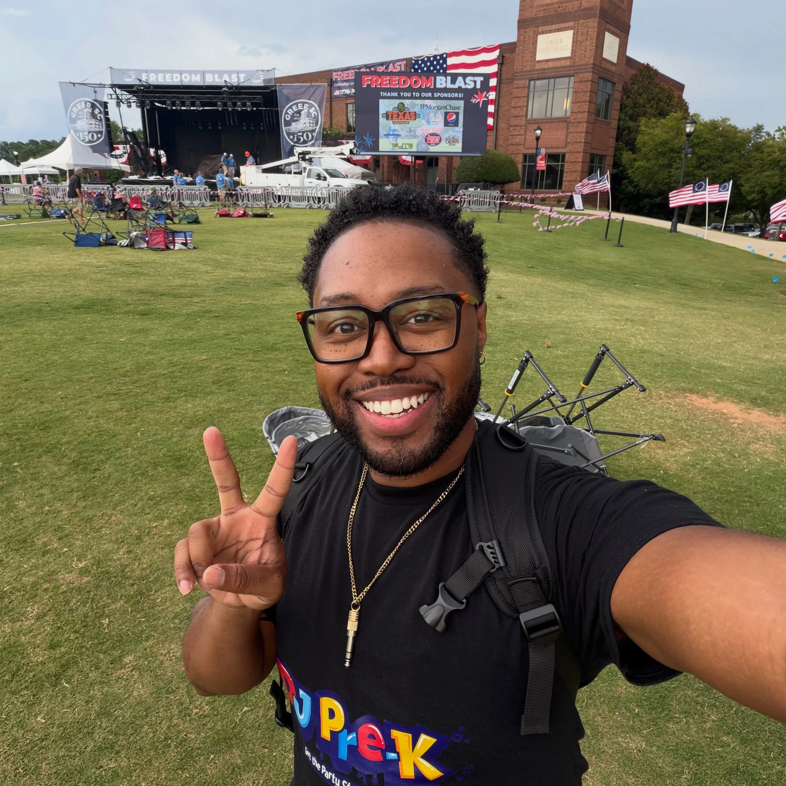 The storm passed over, and now we&rsquo;re ready to party! After performing in libraries the past 3 weeks, this festival is a welcomed change in scenery. ☀️

I hope the kids in Greer, SC are ready to dance! 🕺🏾 #DJPreK #FreedomBlast #greersc #yeahth