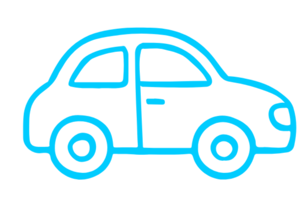 Blue neon outline of a compact car with rounded shape and two doors.