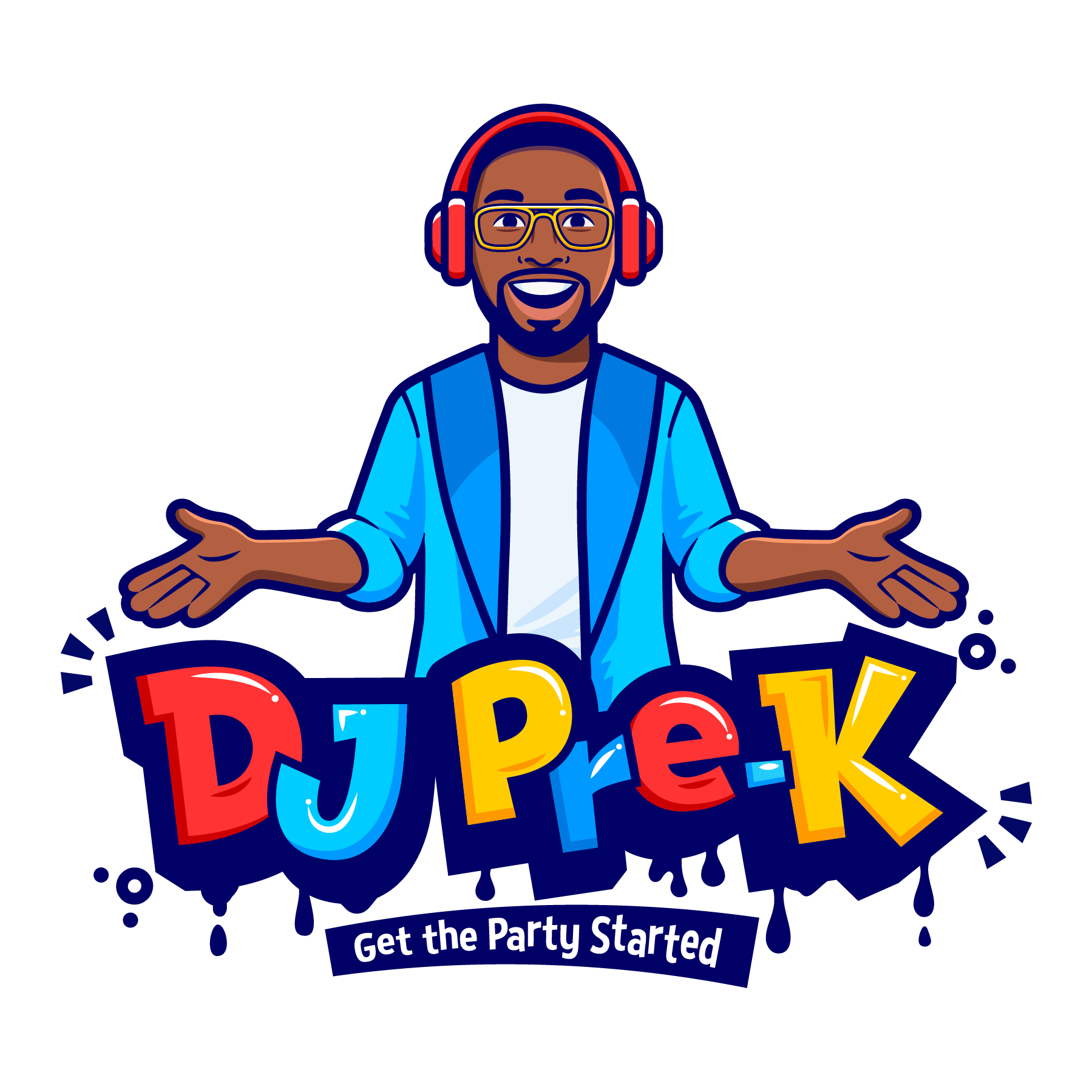 A cartoon man with glasses, a beard, and a big smile, wearing headphones and a blue jacket, with his hands open in a shrugging gesture.Below him, colorful text reads "DJ PRE-X" with a subtitle "Get the Party Started."
