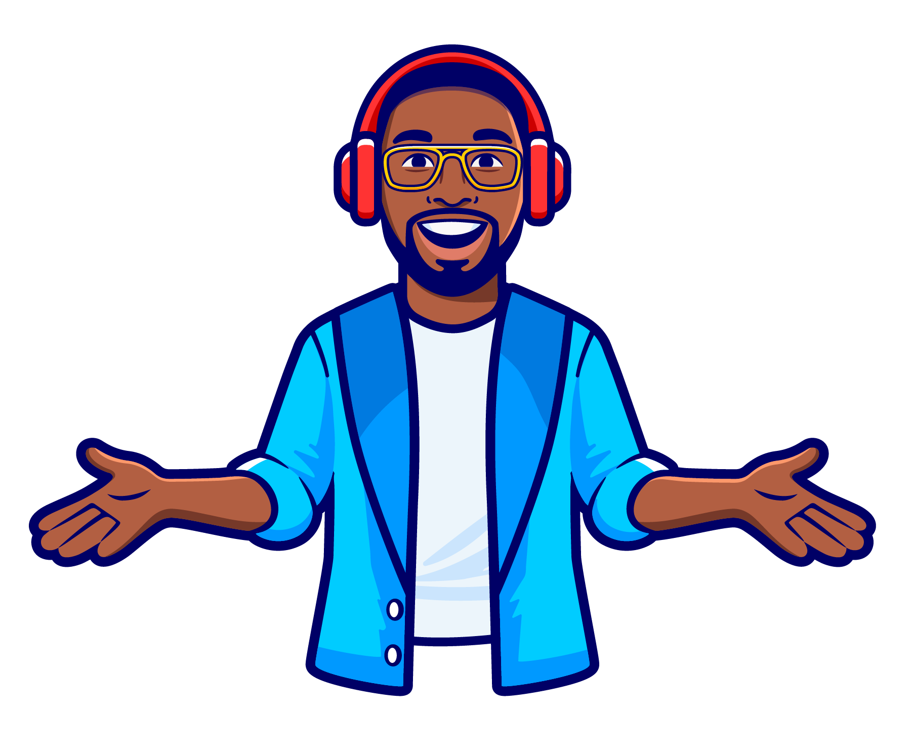 A cartoon man with glasses, a beard, and a big smile, wearing headphones and a blue jacket, with his hands open in a shrugging gesture.