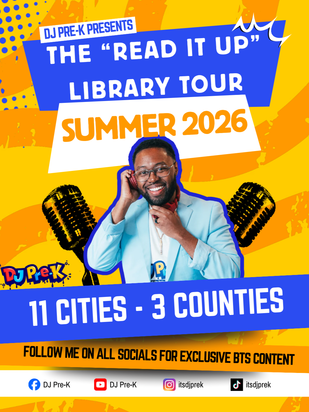 Colorful promotional poster for DJ Pre-K's summer 2026 library tour, featuring DJ Pre-K smiling in a light blue blazer, surrounded by microphones and social media icons.