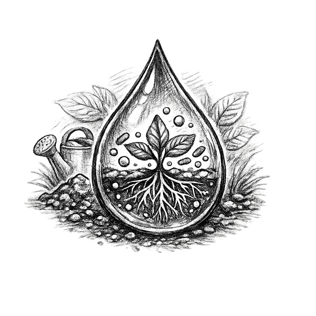 A detailed black and white drawing depicting a leaf inside a water droplet with roots and leaves inside the droplet surrounded by natural elements like leaves, mushrooms, and soil.