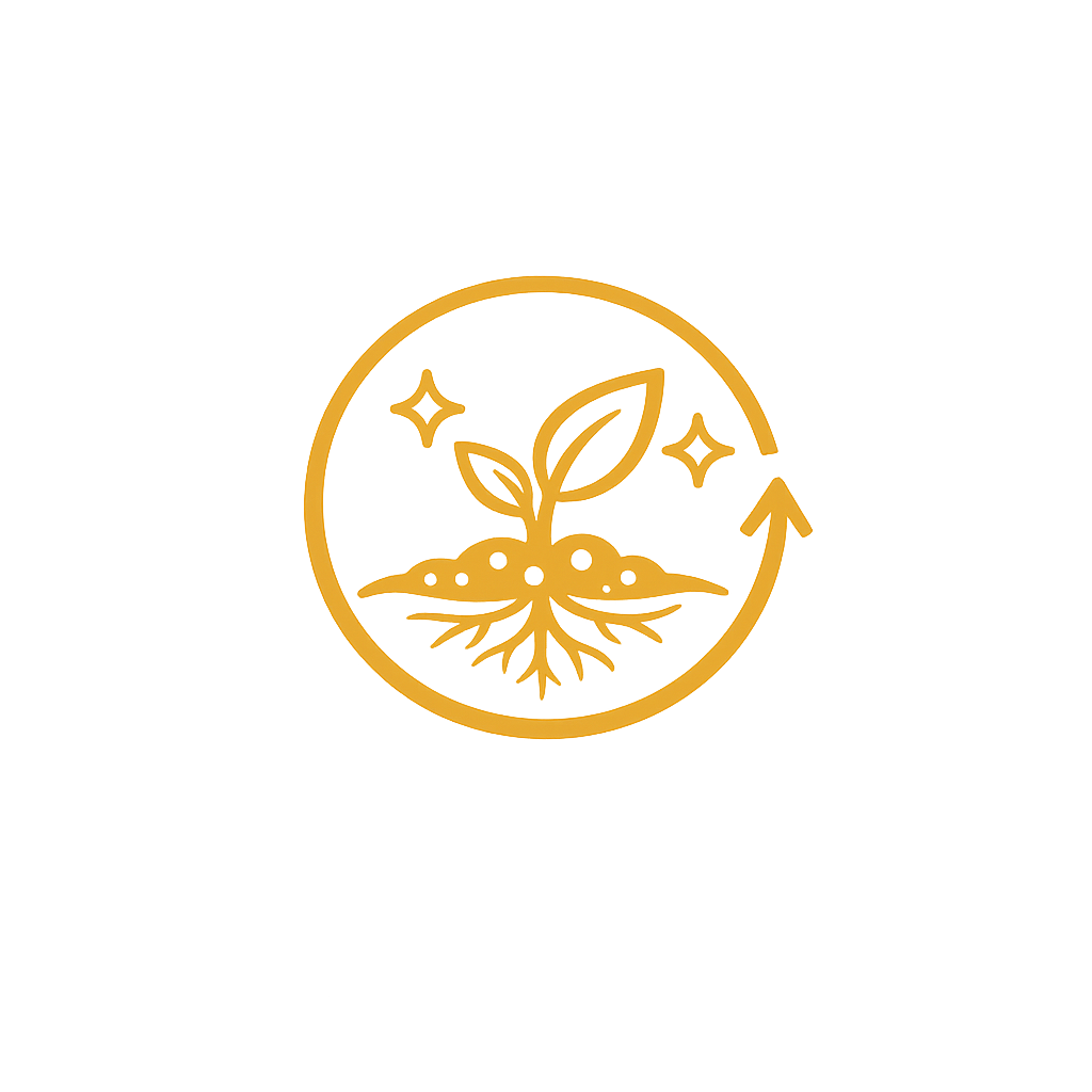 Gold icon of a sprouting plant inside a circle with an arrow, surrounded by stars.