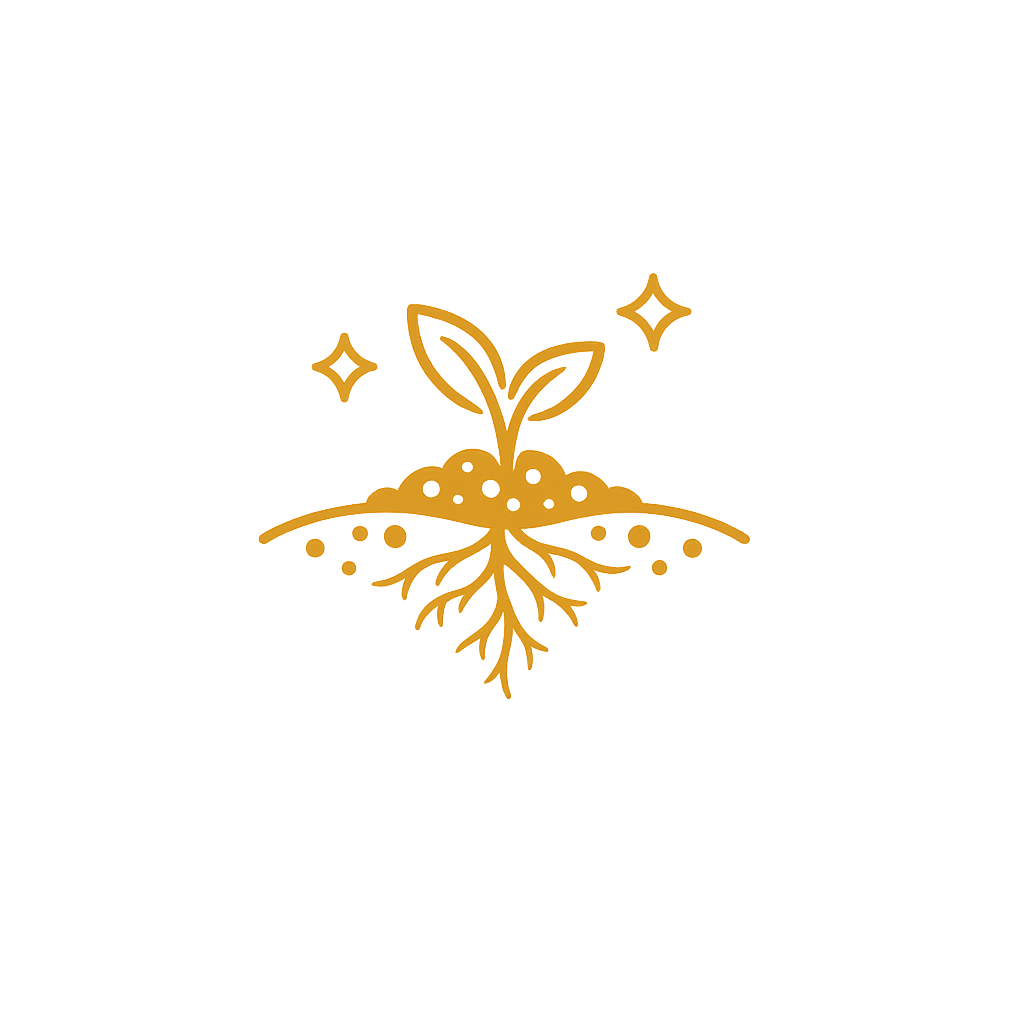 An illustration of a sprouting plant with roots, surrounded by soil, two sparkles, and a gradient of black to gold color.