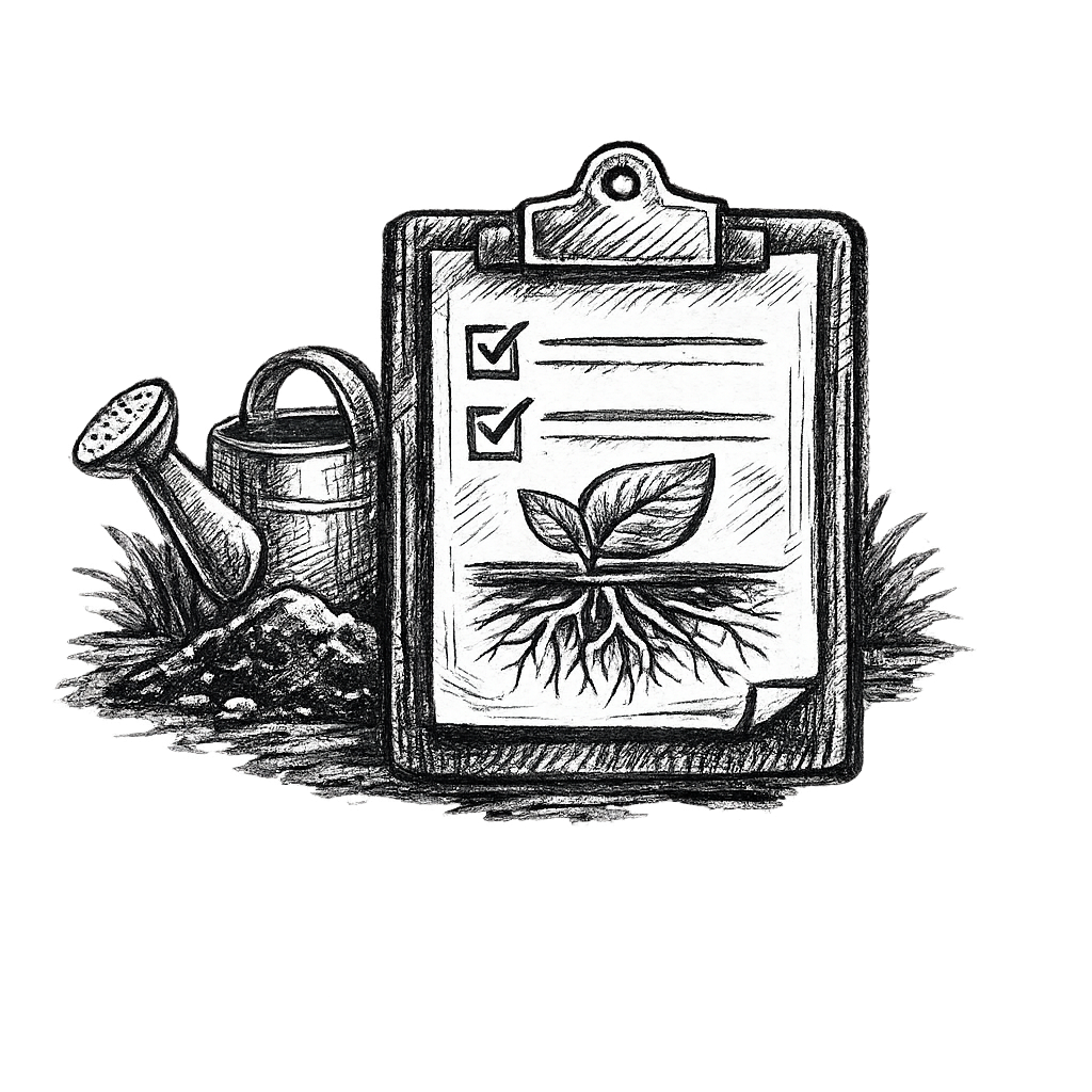 A sketch of a gardening scene featuring a clipboard with checklists, a sprouting plant, and gardening tools like a watering can and seed spreader. The theme emphasizes plant growth and sustainable gardening.