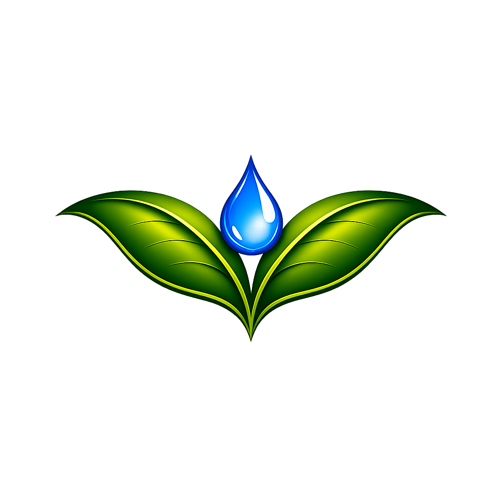 A digital illustration of a blue water droplet sitting on two green leaves with yellow accents.