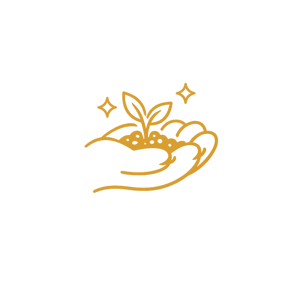 Line drawing of a hand holding soil with a small plant growing, surrounded by sparkles.
