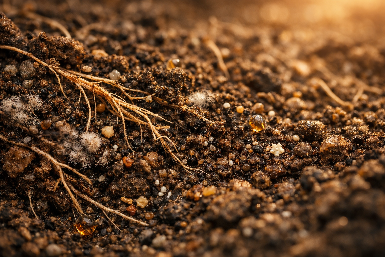 Close-up of moist soil with small rocks, dried plant roots, tiny white and black particles, and small amber-colored water droplets.
